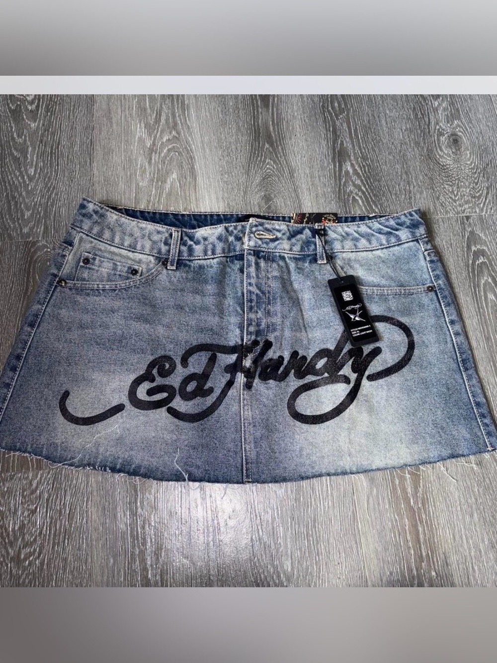 NWT Ed Hardy Denim Mini Skirt with Brave Hearts Graphic